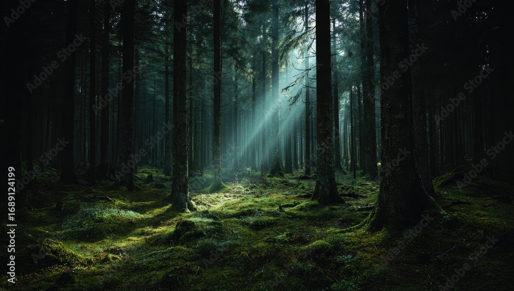 Fototapeta premium Sunbeams pierce a dark forest floor