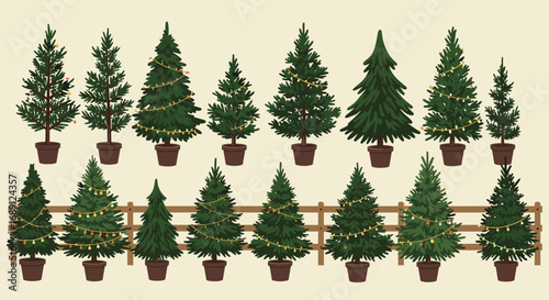 Collection of potted christmas trees with lights and fence design elements