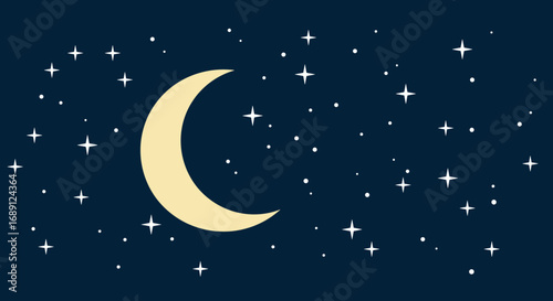 Crescent moon and stars on a night sky background in flat style