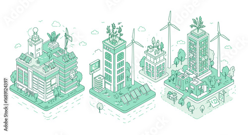 Sustainable urban architecture with green roofs and renewable energy solutions