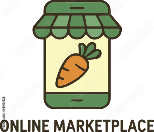 A stylized icon representing an online marketplace app. It features a smartphone with a storefront awning and a carrot inside, symbolizing fresh food.