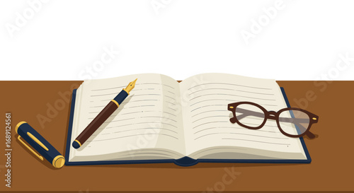 Elegant writing setup with open notebook, fountain pen, and glasses on wooden desk