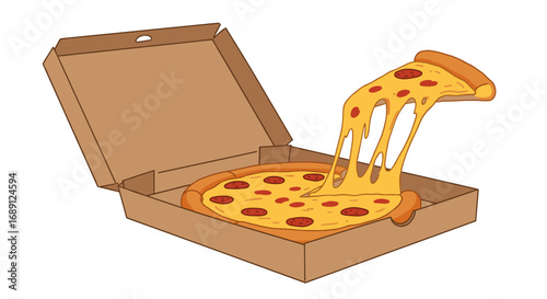 Delicious pizza slice with melting cheese in open cardboard box