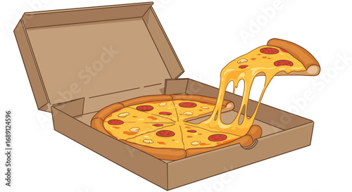 Cheesy pizza slice in box with pepperoni and melted cheese