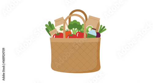 Eco-friendly grocery bag with fresh vegetables and products