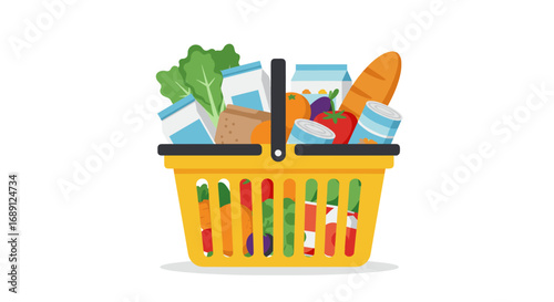 Colorful flat style grocery basket filled with fresh produce and essentials