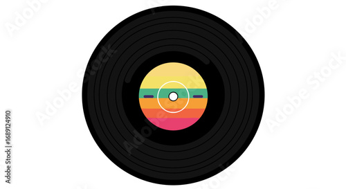 Retro vinyl record with rainbow center on white background