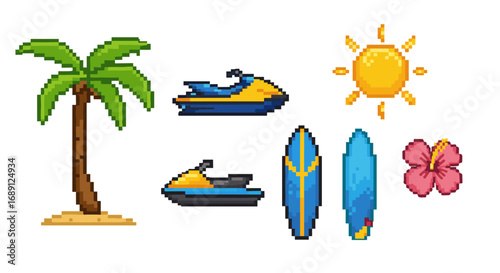 Pixel art summer beach icons featuring palm trees, jet skis, surfboards, sun, and hibiscus flower
