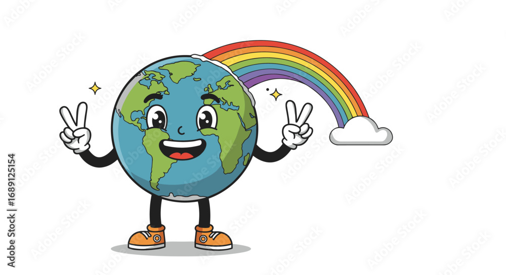 Obraz premium Cheerful earth cartoon with rainbow and peace signs