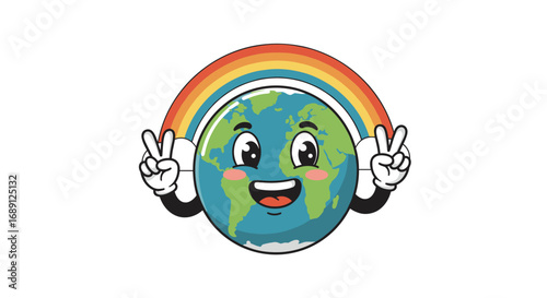 Cute earth cartoon with headphones and peace signs under a colorful rainbow