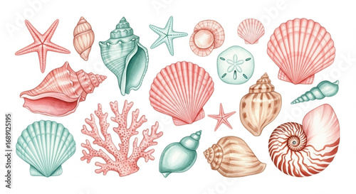 Watercolor Seashells & Marine Treasures Collection – Coastal Charm in Coral Pink, Teal, and Beige