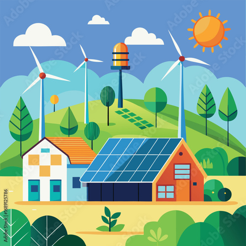 A vibrant illustration depicts a village powered by renewable energy sources like solar panels and wind turbines under a sunny sky.