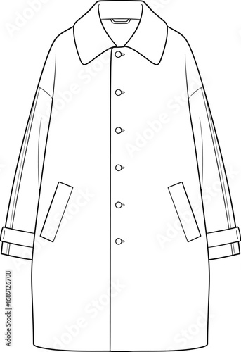 Long overcoat fashion sketch, technical coat illustration, button-down outerwear design, cuff strap detail, garment drawing, apparel concept, winter wear