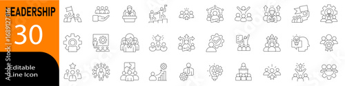 Leadership icon set in line vector style with modern minimal design showing management, guidance, teamwork, vision, motivation, decision making, business success and strategy concepts