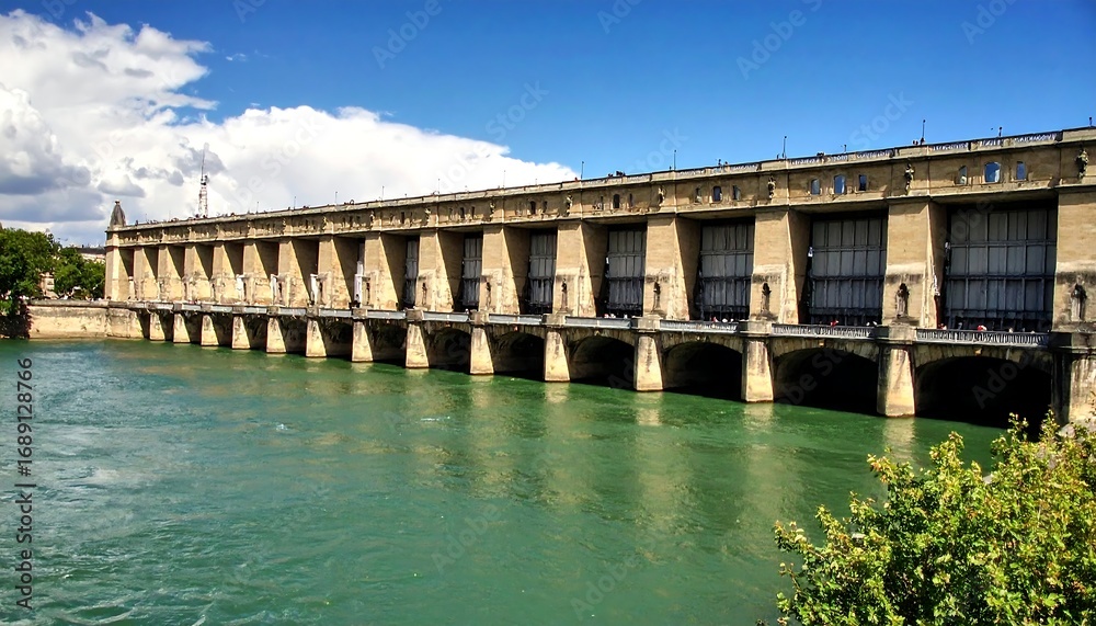 Naklejka premium Large dam structure spans a wide river under a partly cloudy sky