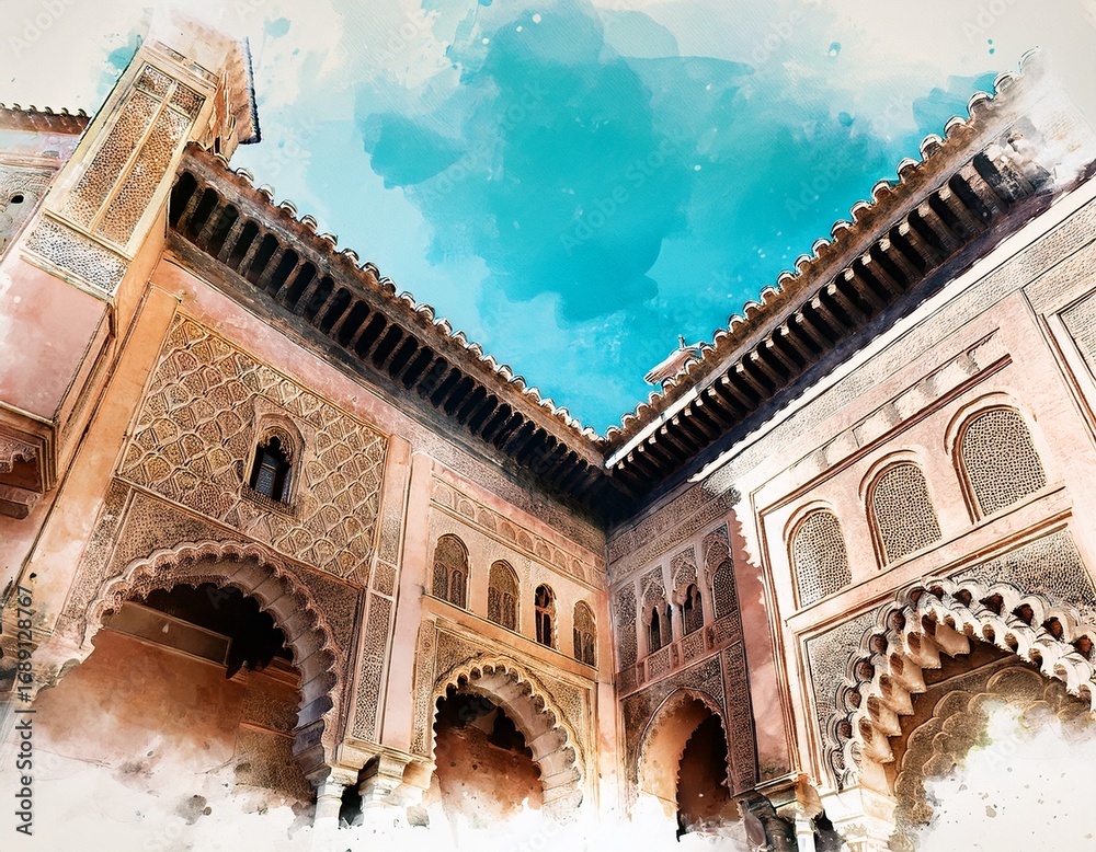 Obraz premium intricate details of alhambra architecture combined with watercolor aesthetics