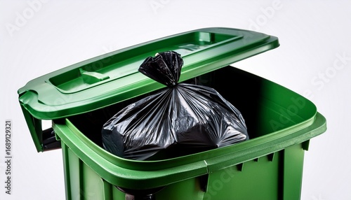 green trash bin with open lid containing a black garbage bag