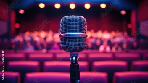 Microscope on stage in front of empty auditorium, prepared for speech or performance. Entertainment and stage setup, concept. Public speaking and presentation.