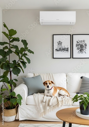 A modern living room setting features a light beige couch, a dog, and potted plants, with minimalist framed artwork and a wall-mounted air conditioner.