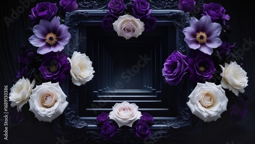 Fototapeta Naklejka Na Ścianę i Meble -  Flower arrangement with white and purple roses surrounding a black geometric frame, creating a floral and artistic display.