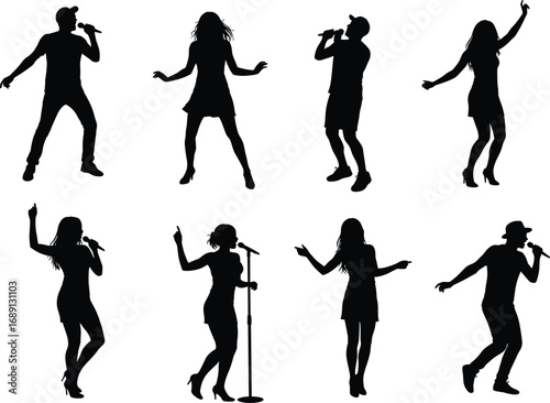 Silhouettes of Male and Female Singers and Dancers Performing with Microphones on Stage, Ideal for Concert, Music, and Entertainment Design