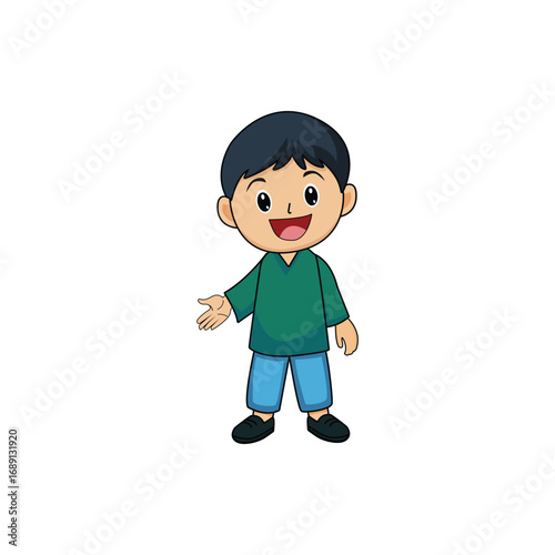 Cute cartoon Muslim boy wearing traditional attire with cap and suit, smiling. Perfect for Islamic education, children’s books, character design, and cultural illustration.