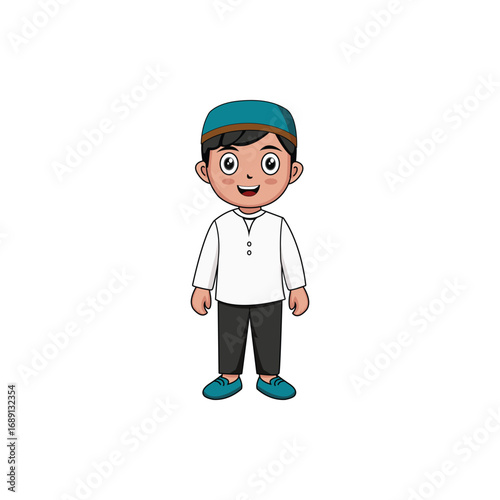 Cute cartoon Muslim boy wearing traditional attire with cap and suit, smiling. Perfect for Islamic education, children’s books, character design, and cultural illustration.