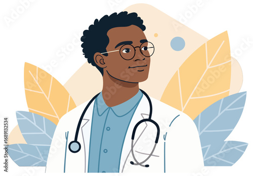 Confident male doctor wearing stethoscope and glasses in medical uniform illustration
