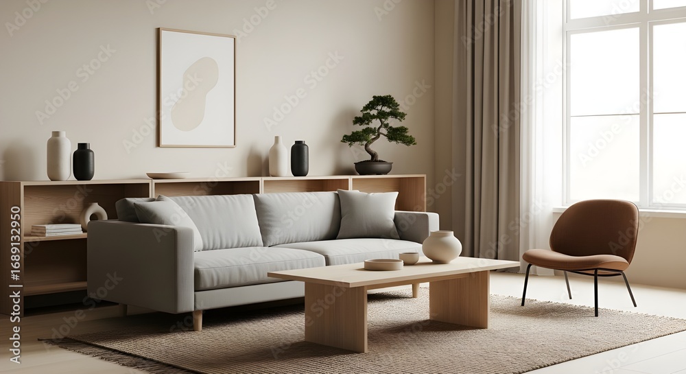 Fototapeta premium The interior has a neutral Japandi color scheme