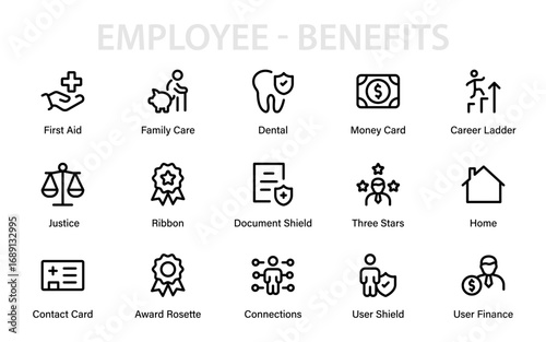 Employee Benefits Professional Line Icon Pack – Minimal, modern, and creative vector illustrations showcasing workplace compensation, salary, and rewards.