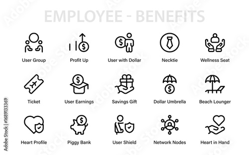 Employee Benefits Professional Line Icon Set – Modern, simple, and minimal vector icons symbolizing salary, incentives, workplace rewards, and financial perks.