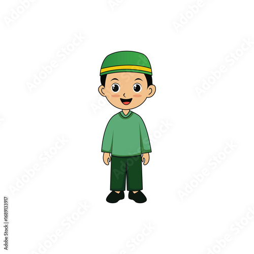 Cute cartoon Muslim boy wearing traditional attire with cap and suit, smiling. Perfect for Islamic education, children’s books, character design, and cultural illustration.