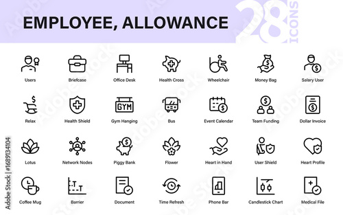 Employee Benefits Professional Line Icon Pack – Modern, simple, and minimal vector illustrations of workplace perks, financial rewards, and employee incentives.