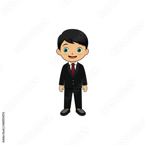 Cute cartoon Muslim boy wearing traditional attire with cap and suit, smiling. Perfect for Islamic education, children’s books, character design, and cultural illustration.