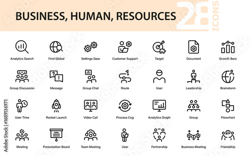 Modern human resources line icon set, professional business people vector pack with clean minimal outline illustrations for workplace management