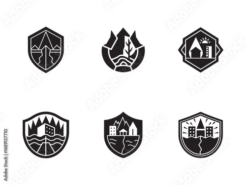 Set of Disaster and Environment Icons in Minimalist Black and White Shield Designs Depicting Earthquakes Floods and Wildfires