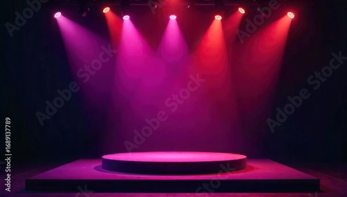 Elevated stage with professional microphones and lighting, ready for a presentation or conference  Perfect for corporate events, seminars, and public speaking ,  event stage,  professional
