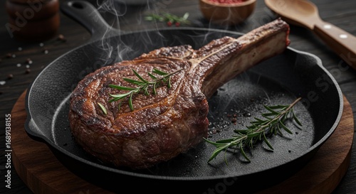 A grilled Tomahawk steak garnished with rosemary served in a cast iron skillet on a wooden board