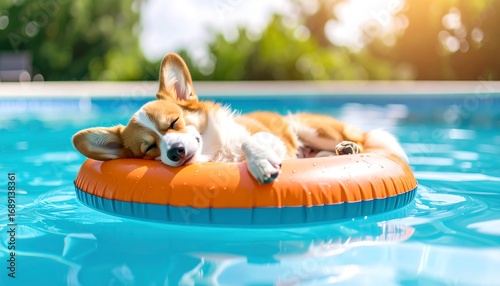 Sleeping dog on inflatable ring in pool