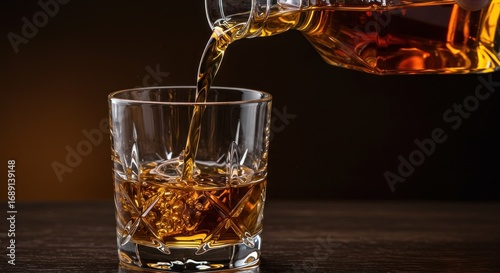Amber liquid is poured from a glass decanter into a patterned glass tumbler on a wooden surface against a dark background