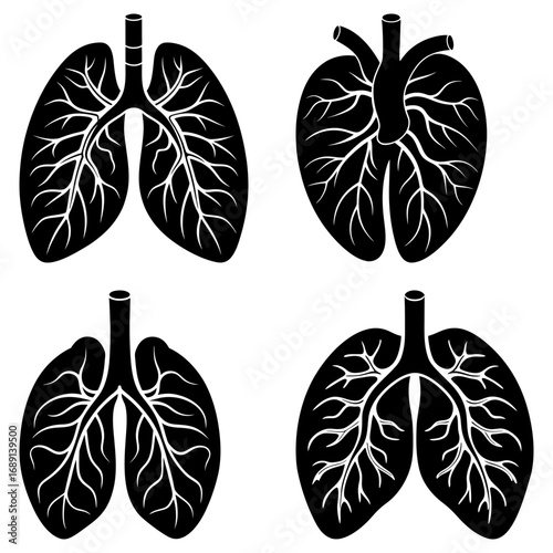 Four black and white anatomical lung illustrations with detailed branching structures on a white background