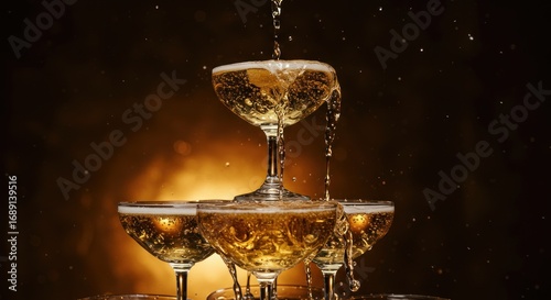 Champagne flowing down a tower of glasses