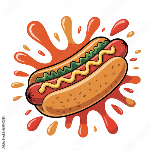 Delicious Cartoon Hot Dog with Ketchup Mustard and Pickles Ready to Eat Graphic Illustration Design Template