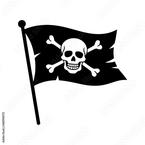 Pirate Flag Jolly Roger Illustration with Skull and Crossbones on Black Fabric Banner Symbolic Representation of Piracy