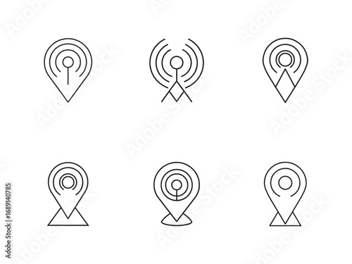 Set of Location Pin Icons with WiFi or Signal Antenna for Connection and Wireless Communication