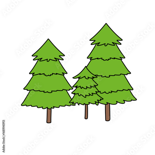 Three green trees are drawn in a cartoon style