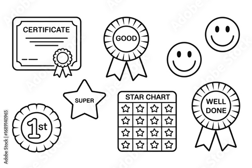Black and White Achievement Icons Set including Certificate Awards Ribbons Star Chart and Smiley Faces Vector Design