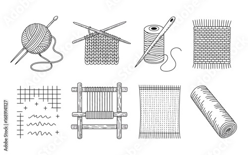 Handicraft and Textile Art Elements Line Art Illustration Representing Creative Hobbies and Traditional Craftsmanship