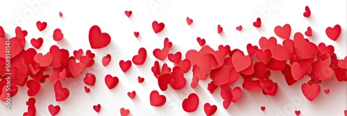 A generous abundance of red paper hearts, arranged in a horizontal pattern against a white background, creates a lovely and romantic design.
