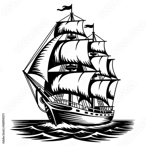 Majestic Tall Ship Sailing on the Open Sea Black and White Illustration Adventure Travel and Nautical History